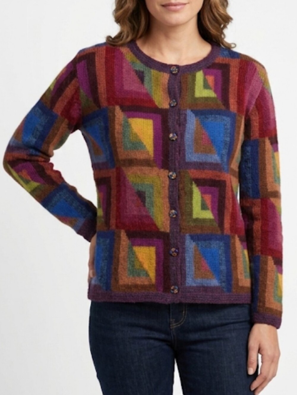 Handmade Baby Alpaca Multicolor Geometric Button Down Cardigan Sweater S